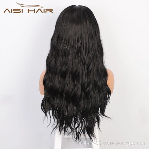 Aisi Hair Popular Vendor Cheap Wholesale Medical Long Wavy Natural Wave Wig With Bangs For Black Women Synthetic Hair Wigs